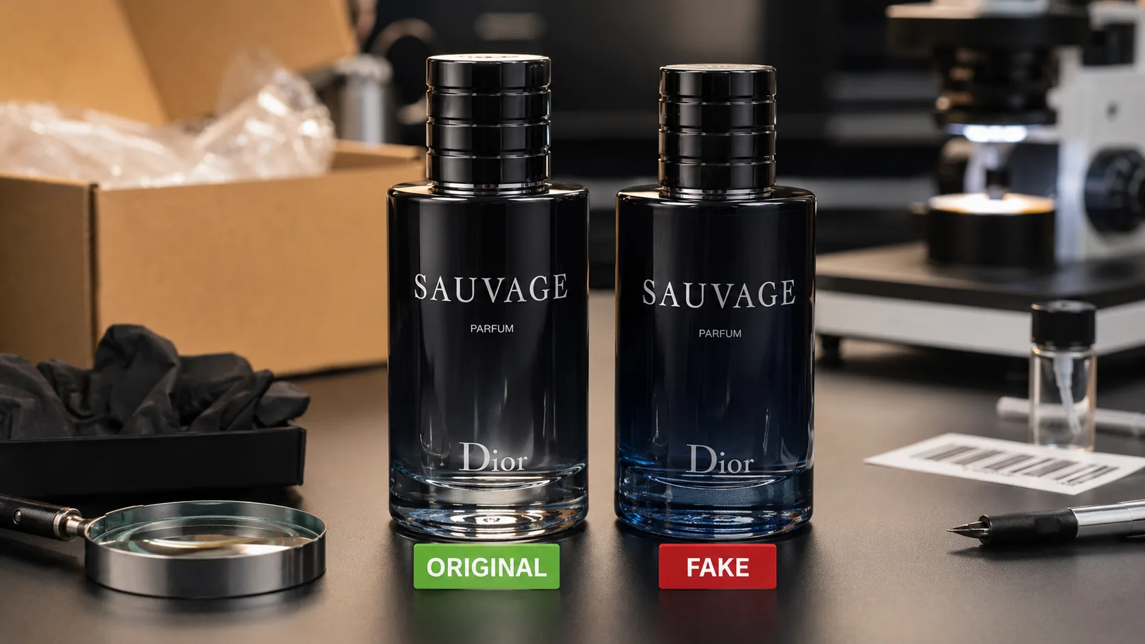 Zwei Dior Sauvage Flakons im Vergleich, einer als Original und einer als Fälschung markiert.